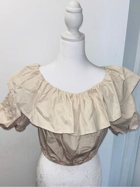 Beige Off-Shoulder Ruffled Crop Top